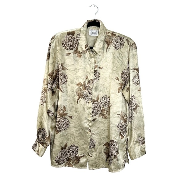 Vintage tan brown floral satin long sleeve top blouse - Picture 3 of 12